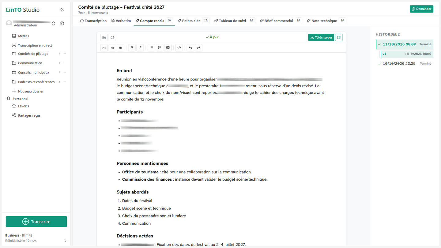 LinTO Studio : le compte rendu d'une réunion, généré depuis la transcription