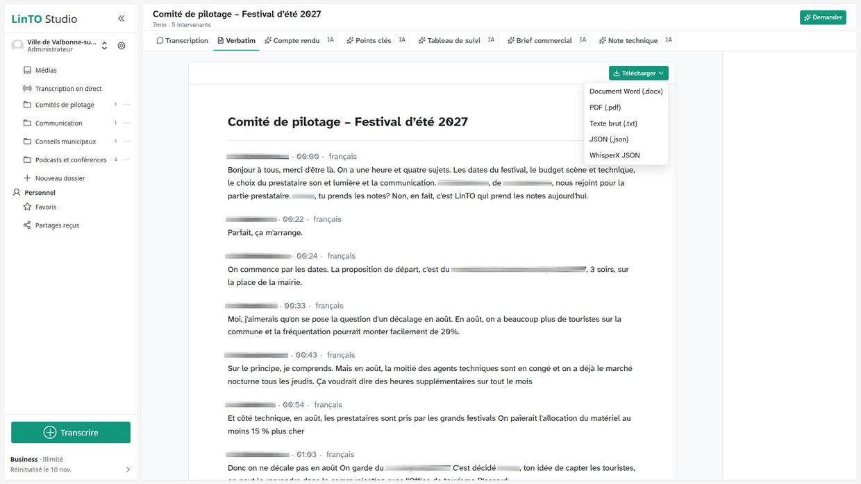 Le verbatim d'une réunion dans LinTO Studio, avec le menu d'export : Word, PDF, texte brut, JSON