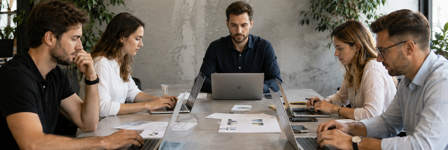 illustration réunion 5 personnes avec ordinateurs portables